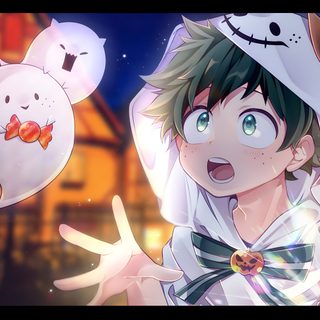 an anime character with green hair wearing a white outfit and holding his hands up in front of him Izuku Midoriya Izuku Midoriya Halloween indian red