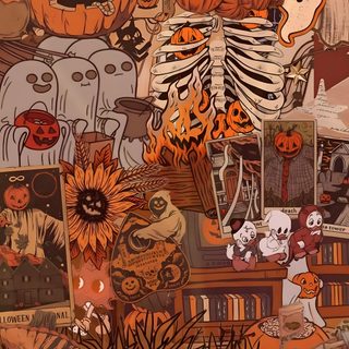a collage of pumpkins, skeletons and other halloween related items is featured in this image Classic Halloween Iphone Halloween Thanksgiving, Cute Halloween Backgrounds Collage, Cute Halloween Collage, sienna