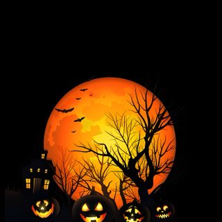 halloween pumpkins in front of a full moon with trees and houses on the other side Halloween Apple Watch Faces Moonlit Halloween Background, Halloween Full Moon Background, Halloween Themed Stickers With Pumpkins, black