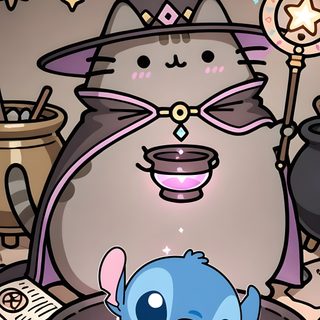 a cartoon character in a witches hat with a blue cat sitting on top of a caulder Kawaii Kawaii Cute Stitch Halloween Kawaii Kawaii Pusheen Halloween, Blue, dim gray