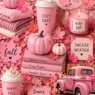 pink fall themed wallpaper with pumpkins, coffee cups and other items on it Pink Fall Halloween Fall Theme Aesthetic, Fall Lockscreen, Pink Autumn, Fall Iphone, pale violet red