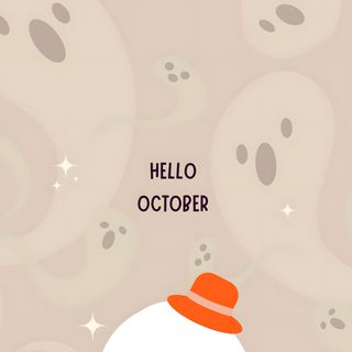 a ghost with an orange hat on its head and the words hello october above it Halloween Hello October light gray