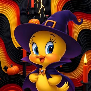 a cartoon bird wearing a witches hat and holding a candle Tweety Bird Halloween Creative Logo Design Art, Logo Design Art, Disney, Creative Logo, Design Art, maroon