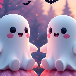 two ghost sitting on pumpkins with bats in the background Halloween Duo Halloween Iphone, Halloween Cartoons, Cute Halloween Iphone, Halloween Iphone Backgrounds, gray