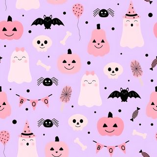 a purple background with lots of different types of cats and bats on it's sides Pink And Purple Halloween Cute Pastel Halloween, Halloween Pastel, Pastel Halloween Aesthetic, lavender