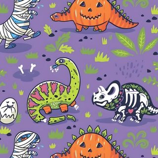 an image of halloween dinosaurs with pumpkins and bats on purple background for wallpaper Halloween Dinosaur Hd Fall Dinosaur, Autumn Dinosaur, Halloween Cartoon Aesthetic, light slate gray