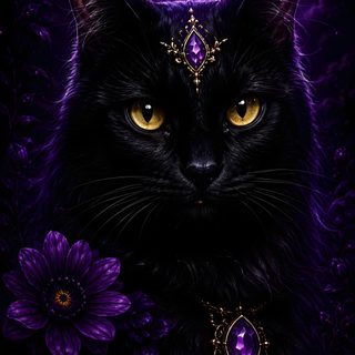 a black cat with yellow eyes is sitting in front of purple flowers and a full moon Black Cat Diamonds For Halloween In Fantasy Art Decor Ideas, Black Cat With Purple Accessories, Gothic Black Cat Illustration,