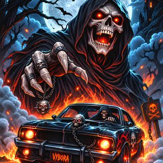 a car with a skeleton on it driving down the road in front of a full moon Halloween Car dark slate gray