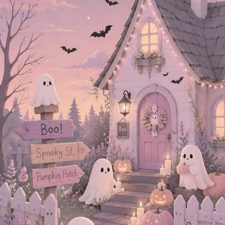 a halloween scene with pumpkins and ghostes in front of a house at night Pastel Halloween Phone Cute Scary Background, For Halloween, Cute Spooky Halloween, rosy brown
