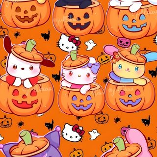 an orange background with many different pumpkins and cats on it's faces, all in Kawaii Sanrio Halloween tomato