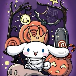 an image of a cartoon character with pumpkins and bats in the background on a purple background Happy Halloween Cinnamoroll Halloween dark slate blue