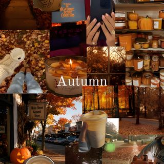 an autumn collage with pumpkins, candles and other things in the fall season Autumn Aesthetic Halloween Collage saddle brown