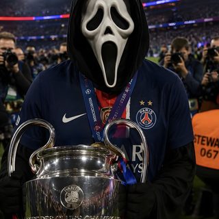 a person wearing a mask and holding a soccer trophy Football Halloween Psg Cool Cartoons, black