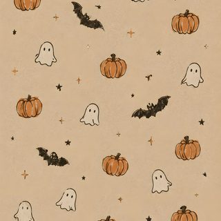 halloween pumpkins and ghost faces on a beige background Cozy Halloween Aesthetic Ios Screen Saver, Recommended, Ipad Aesthetic Halloween, Cute Ghost, tan