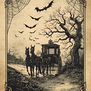 an old fashioned halloween card with horses pulling a buggy and bats flying over the tree Gothic Halloween Decor Gothic Theme, Haunted House Template, Printable Gothic Pictures, Old Gothic, tan