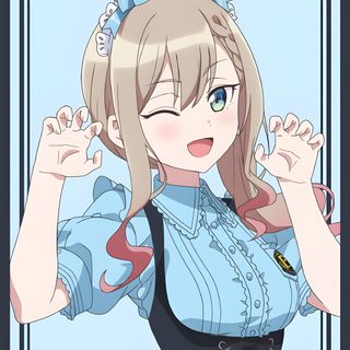 an anime character with long blonde hair and blue eyes, wearing a black dress and holding her hands up in front of her face Suzu Halloween Anime Images, Bad Girl, Cute Outfits, Memes, gainsboro