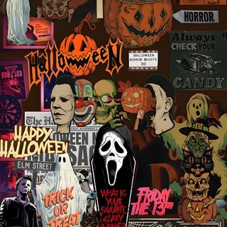 Happy Halloween Collage, Halloween Horror Characters Wallpaper, Horror Wallpaper Collage, Cute Spooky Wallpapers Aesthetic, Horror Ipad Wallpaper, Halloween Characters Wallpaper, Horror Movie Wallpaper Iphone, Slasher Background, Halloween Wallpaper Iphone Ghostface Spooky Halloween Collage Happy Halloween Collage, Halloween Horror Characters, Horror Collage, dark olive green