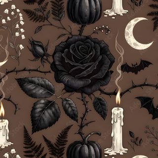 a black rose surrounded by candles and other halloween decorations on a brown background with moon, bats and leaves Gothic Halloween Pattern dark olive green