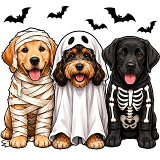 three dogs dressed up in halloween costumes with bats on their heads and one dog wearing a ghost costume Halloween Dog bisque