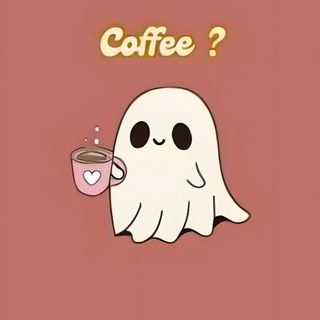 a ghost holding a cup of coffee with the words coffee? on it's side Cute Halloween Coffee indian red
