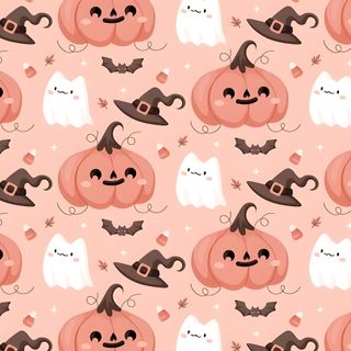 halloween pumpkins with bats and ghost faces on pink background, seamless fabric design Pastel Halloween Medium-pumpkin Patch Halloween Ipad Horizontal, Halloween Cute Background, Pastel Cute Halloween Background, peach puff