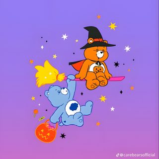 three cartoon bears flying through the air with witches on their heads and stars in the background Care Bears Halloween Care Bear Fall, Carebear Halloween, Care Bear Halloween, medium purple