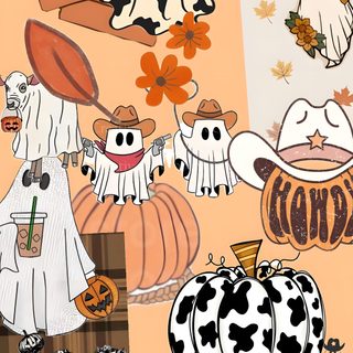 a collage of halloween images with pumpkins, ghostes and other things on them Halloween Cowgirl Halloween Screen Savers, Cow Print, Pumpkin, Halloween Iphone Backgrounds, burlywood
