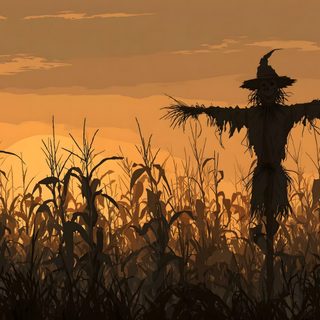a scarecrow standing in the middle of a cornfield at sunset Halloween Scarecrow Halloween Scarecrow, Modern Fall, Fond D Ecran, Halloween Scene, Unique, sienna