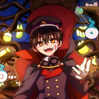 an anime character standing in front of a tree with many objects around him and looking at the camera Hanako Halloween Halloween Eve, Halloween, saddle brown