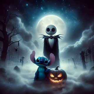 a couple of pumpkins sitting next to each other in front of a full moon Stitch Halloween Laptop Stitch Nightmare Before Christmas, Stitch And Jack Skellington, Oogie Boogie Stitch And Jack Skellington, dark slate gray