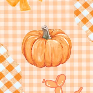 an orange pumpkin sitting on top of a checkered tablecloth with a balloon in the air Pumpkin Preppy Halloween peach puff