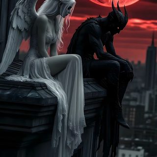 a woman sitting on top of a building next to a man in front of a full moon Halloween Angel Evil, Evil And Angel, Angel Demon, Dark Romance, Devil And Angel, Devil Angel, black