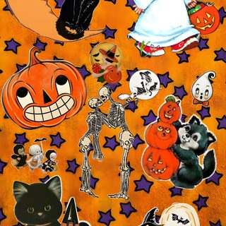 halloween stickers on an orange background with black cats and pumpkins in the center Halloween Backgrounds Vintage chocolate