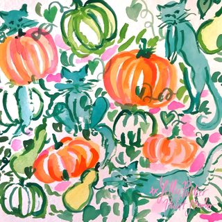 watercolor painting of pumpkins and cats on a white background with pink, green, orange, and blue colors Lilly Pulitzer Halloween Fall Lilly Pulitzer, Lilly Pulitzer Art, Lilly Pulitzer Holiday, burlywood