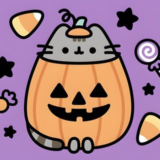 a cartoon cat sitting on top of a pumpkin Kawaii Kawaii Pusheen Halloween Cute Halloween Drawings, Pusheen Cute, Halloween Cute, medium purple