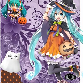 an anime character with blue hair and pumpkins Halloween Miku gray