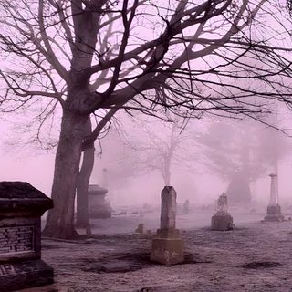 an old cemetery with tombstones and trees in the fog Coquette Halloween Laptop Cute Graveyard Background, Cemetery Background Aesthetic, Graveyard Background Aesthetic, rosy brown