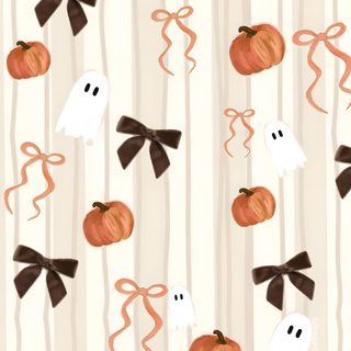 a halloween pattern with pumpkins, ghost and ribbons on white striped background for wallpaper Clean Girl Halloween Autumn Phone, Halloween Iphone Backgrounds, Halloween Backgrounds, antique white