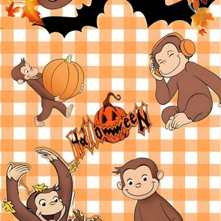 monkeys and pumpkins on a checkered tablecloth with the words happy halloween written below Curious George Halloween Christian Pick Up Lines, Curious George, Pick Up Lines, Cute Backgrounds, sandy brown