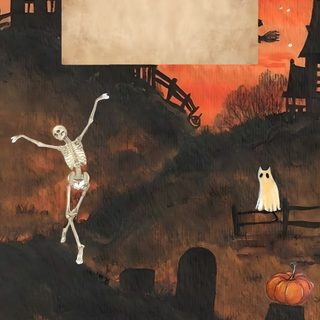 a halloween scene with a skeleton holding up a sign and an orange sky in the background Halloween Layout dark slate gray