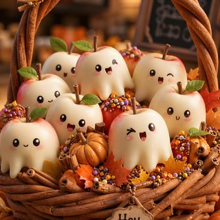 a basket filled with lots of little white pumpkins sitting on top of a table Halloween Food saddle brown