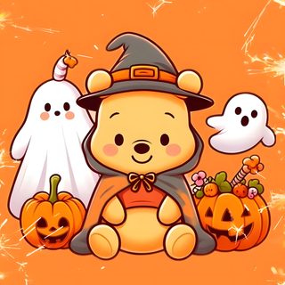 a teddy bear dressed as a witch and ghost with pumpkins on an orange background Cute Halloween Disney Halloween Winnie The Pooh, Disney Halloween Backgrounds, Cutesy Halloween, coral