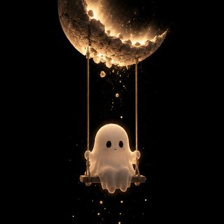 a white ghost floating in the air next to a crescent moon and hanging from strings Cute Halloween Black Ghost, Black Theme, Cute Ghost, Wiccan, Blur Light Background, Hello,