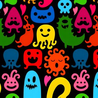 an image of colorful monsters and skulls on a black background with red, yellow, green, blue, pink, purple, orange Halloween Monster Pattern Cool Cartoon Patterns, Cute Monsters Background, Colorful Alien Pattern Background, black