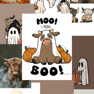 several different pictures with ghost and pumpkins on them, including one that says moo man boo Cow Halloween rosy brown