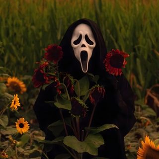 a person wearing a mask and holding flowers in a field with sunflowers behind them Halloween Movies Aesthetic Photo Halloween, Halloween Iphone Backgrounds, Halloween Backgrounds, Scary, black