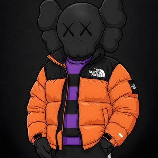 the north face is wearing an orange puffy jacket and black pants with purple stripes Halloween Kaws Art Images, Nike Logo, Nike, Logo, Wall Art, Design, black