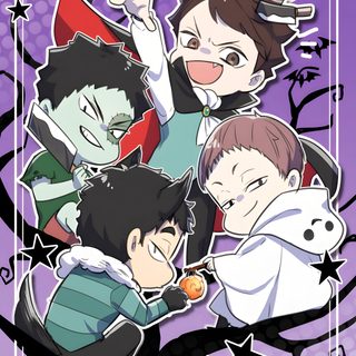 an image of some cartoon characters in front of a purple background with the words happy halloween sky Haikyuu Halloween medium purple
