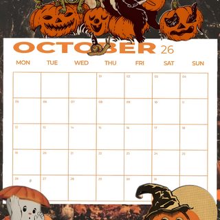 a calendar with pumpkins and cats on it Halloween Calendar indian red