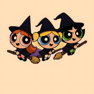 the powerpuff girls flying on brooms Powerpuff Girls Halloween Cartoon Halloween Background Aesthetic, Halloween Bff, Halloween Cartoon Iphone, peach puff